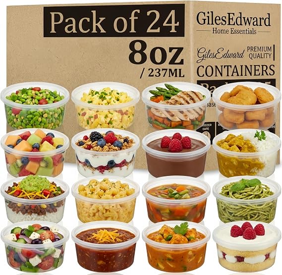 24 Pack 8oz Soup Containers with Lids, Large Plastic Food Storage Tubs for Batch Cooking, Leakproof Reusable Deli Pots, Freezer & Microwave Safe, BPA Free Meal Prep Containers for Curry, Stew & Soup