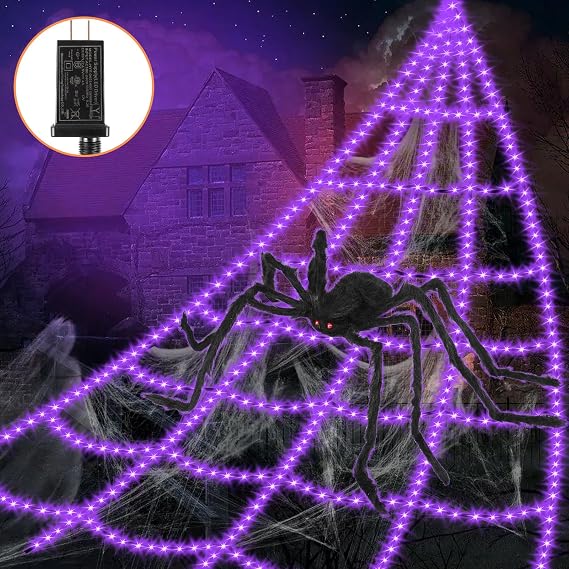 Halloween Decorations Outdoor Spider Web Lights - 16.4Ft Light Up Spider Web with 550 LEDs, Waterproof, 8 Modes Memory Function for Outdoor Yard Halloween Decorations (with Spider)