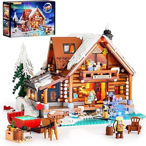 LUMIBRICKS Aurora-Cabin Christmas Lighting-Building-Bricks Set - 2425 Pcs Retro House Winter Lodge LED Light Construction Building Christmas Village Model Set for Adults and Families