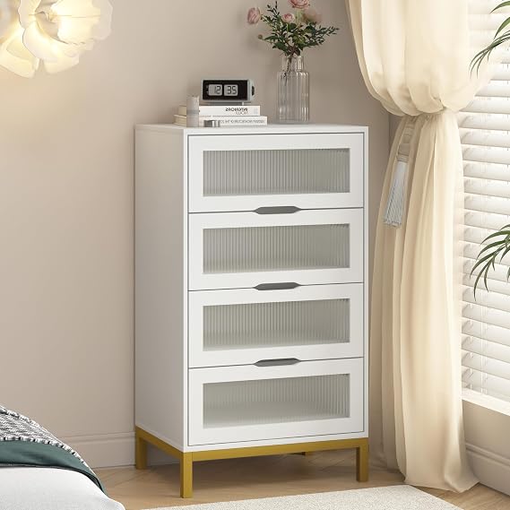 Buffet Storage Cabinet with 4 Drawers, Wood Sideboard Organizer with Transparent Acrylic Door, Kitchen Coffee Cupboard for Dining Room, Hallway, White