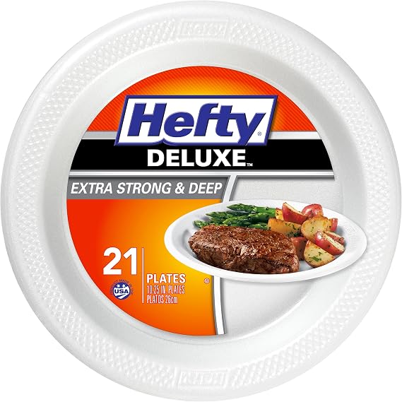 Hefty Deluxe Extra Strong and Deep Foam Plates, Round, 10.25 inches, 21ct | Heavy Duty Disposable Plates, Sturdy, Soak Proof, Deep, Cut-Resistant, Holds Hot Foods, BBQ, Pasta, Casseroles, and More