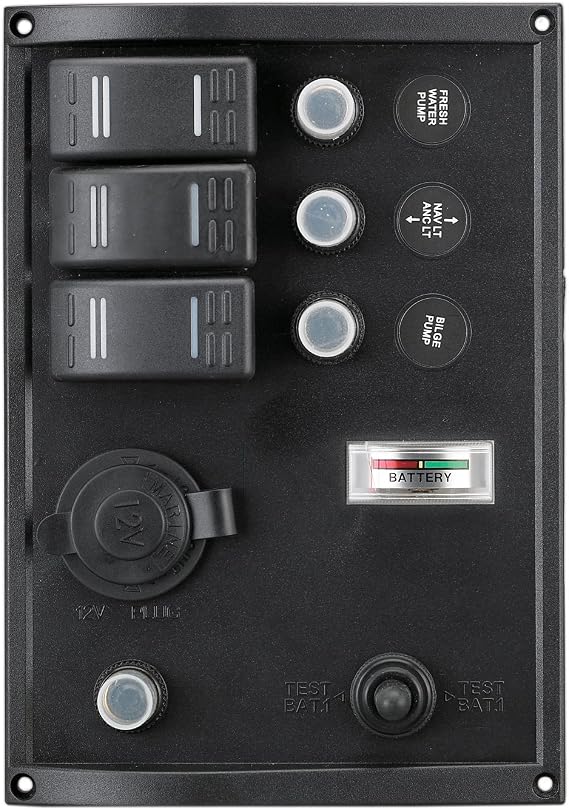 Boat Switch Panel 3 Gang with Plastic Socket & Voltmeter LED Indicators