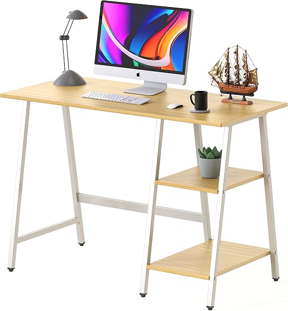 SHW 43-Inch Trestle Computer Desk with Open Storage Shelves, Oak