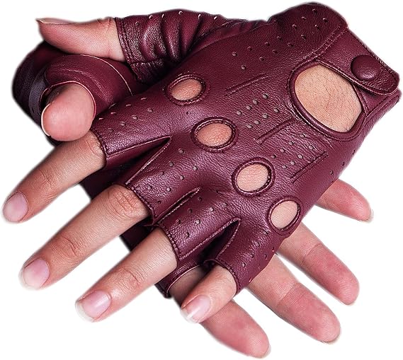 DRIVING GLOVES HALF FINGER FINGER LESS KNUCKLE HOLES FOR MEN GENUINE LEATHER (Medium, Burgundy)