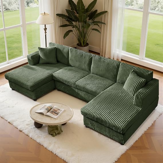 123" U-Shaped Modular sectional Sofa, Two L-Shape Chaise with 2 Cloud Couch sectional with Two Pillows, couches for Living Room (Green)