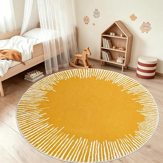 Modern Abstract Rug 5Ft Round Washable Sunshine Carpet for Bedroom Kids Boys Girls Room Living Room Classroom Dorm, Nonslip Circle Minimalist Geometric Lines, Indoor Decor, Orange