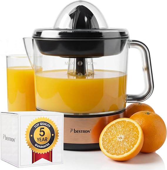 Bestron Juicer, electric citrus and orange juicer, incl. 2 juicer cones and aromatic lid, motor with two directions of rotation (left/right), capacity: 0.7 litres, 40 watts, covers