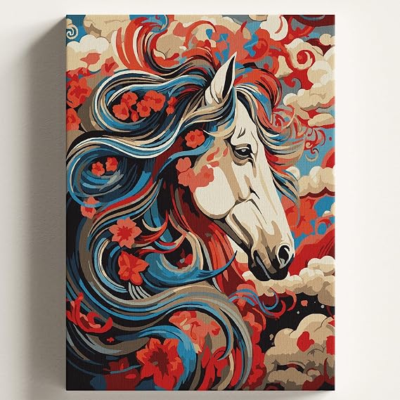 Sayılarla Boyama Tuval Hobi Seti, RENKLİ AT Temalı Fırça ve Boya Dahil Set (Çıtalı) 50X70 CM, Kendin Yap Sayılarla Tuval Boya Kiti (KASNAKLI)
