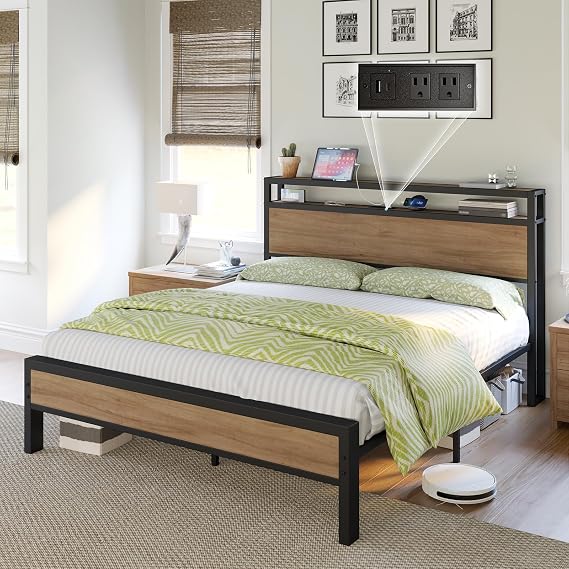 Queen Size Platform Bed Frame with 2-Tier Storage Headboard | Industrial Bed Frame, Charging Station on Headboard, No Box Spring Needed, Under Bed Storage, Noise Free, Light Brown