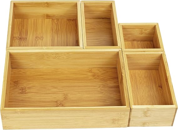 VaeFae 5-Piece Bamboo Drawer Organiser, Multi-use Wooden Drawer Dividers, Bamboo Organizer Box for Kitchen, Bathroom, Office Desk, Bedroom and Living Room
