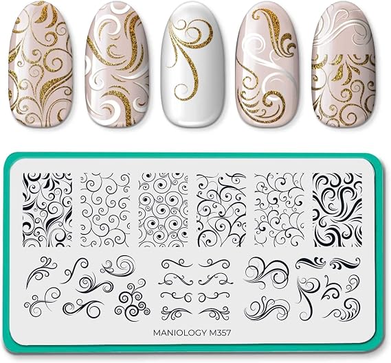 Maniology Swirls Nail Stamping Plate | Curved Abstract Nail Designs | Swirling & Flowing Curve Line Patterns for Swirly DIY Manicures Reusable Rectangular Stainless Steel Nail Art Template