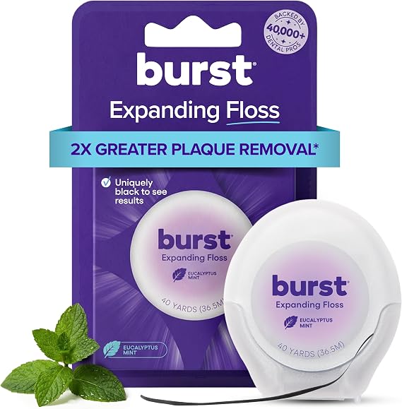 BURST Expanding Dental Floss (Mint Eucalyptus/40 Yards) | Stain Absorbing | Woven Tooth Floss with Xylitol Coating to Fight Cavities | Vegan | Paraben Free Expanding Floss