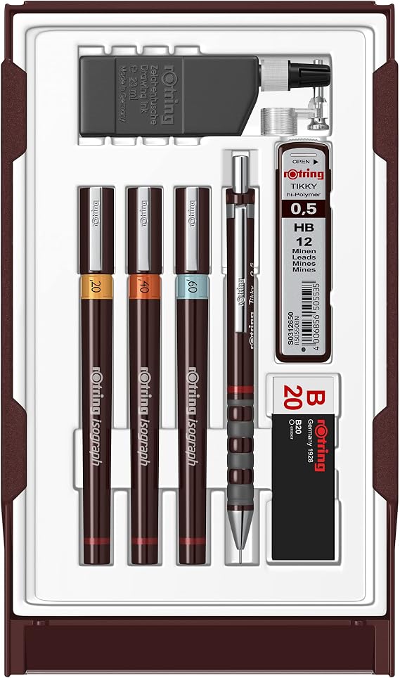 Rotring Isograph College Set 3x Technical Pens (0.20mm 0.40mm 0.60mm) 1x Tikky Pencil + Accessories