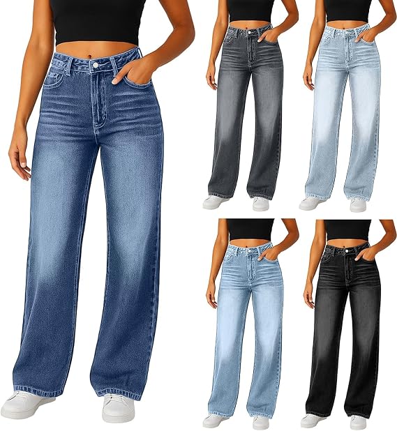 Womens Wide Leg Jeans High Waisted Baggy Boyfriend Jeans with Elastic Waist Stretchy Straight Leg Denim Pants