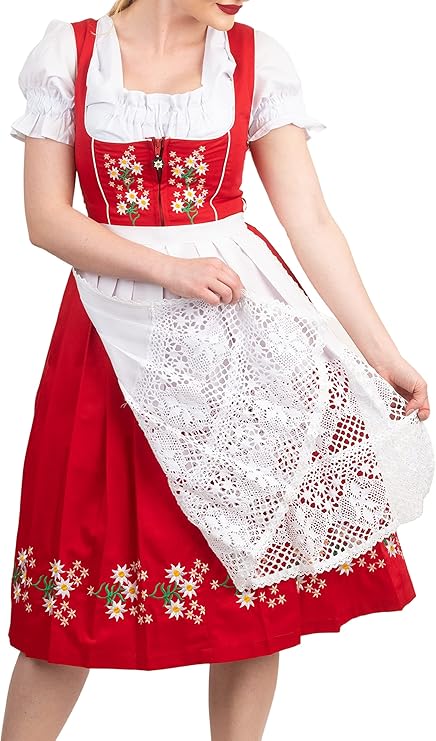 Dirndl Trachten Haus 3-Piece Red Dirndl Dress Set for Women Long German Oktoberfest Outfit