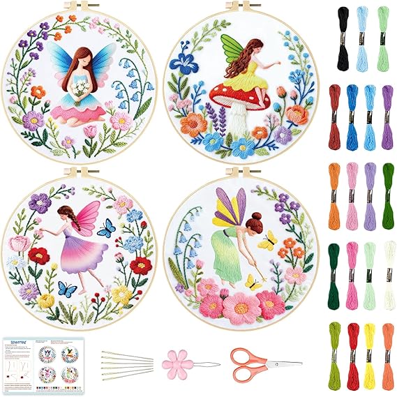 BEUNITONE 4 Set Embroidery Kit for Beginners, Fairy Patterns Cross Stitch Kits, Needlepoint Kits for Adults with Instructions  Kit, Beautiful Hand Embroidery Patterns for Cloth and Home Decor