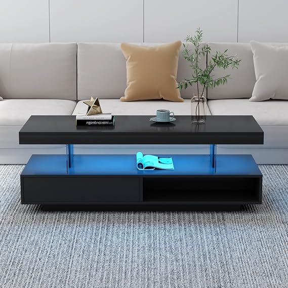 51" LED Coffee Table with Storage, Modern Center Table with LED Lights & Display Shelves, Coffee Table with 2 Drawers for Living Room, Easy Assembly, Black