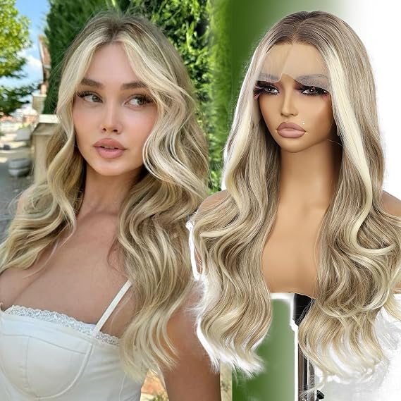 SAPPHIREWIGS 13x4 Synthetic Lace Front Wigs Highlight Brown Wig with Blonde Tips Small Invisible Knots Body Wavy Wig Heat Resistant Fiber Wig for Daily Party Use 20 Inch