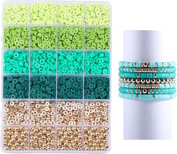 3020pcs Clay Beads for Jewelry Supplies - Charm Friendship Bracelet Kit with Gold Beads (Green)