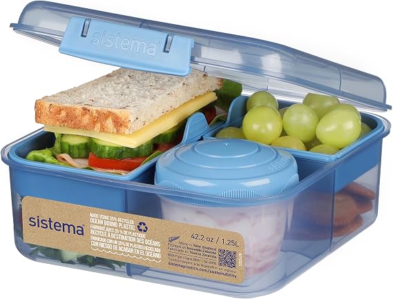 Sistema Ocean-Bound Plastic 1.25L Bento Box, Airtight & Stackable, School Lunch Box with 150mL Snack Pot, Freezer, Microwave, Dishwasher-Safe, BPA-Free, Made with Recycled Plastic, Assorted Colors