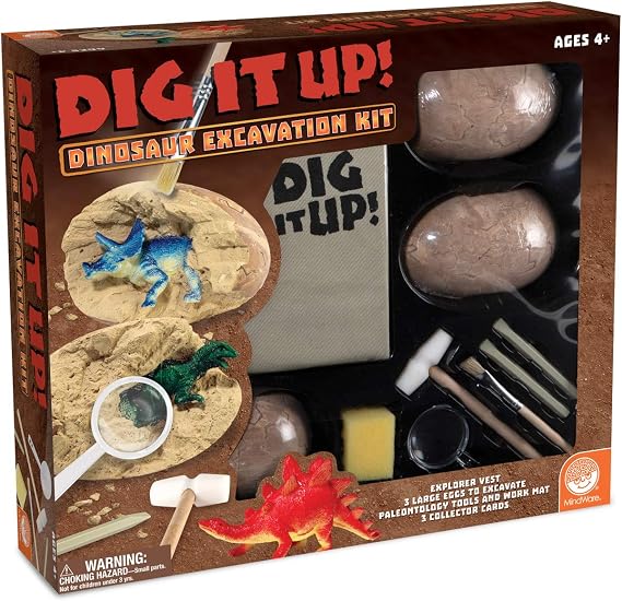 MindWare Dig It Up! Dinosaur Excavation Kit Discovery Gift kit for Kids Learn About Dinosaurs! 3 Large Dino Digs with Explorer Vest, 5 Realistic Tools, Clean-up mat & Educational Fun-fact Cards