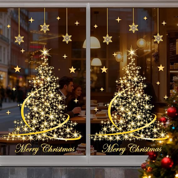 Large Christmas Window Stickers, 106 PCS Gold Tree Xmas Window Stickers Reusable, Double-Side Visible PVC Christmas Window Clings for Home Shop Party Holiday Xmas Decorations Glass Decals