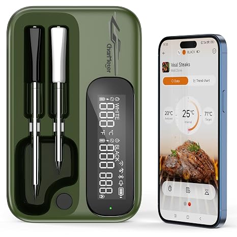 Wireless Meat Thermometer with 2 Probes, WiFi Unlimited Range and Bluetooth 5.4 Dual Mode Smart Cooking Thermometer, LED Display Host, Digital Meat Probe for BBQ, Grill, Oven