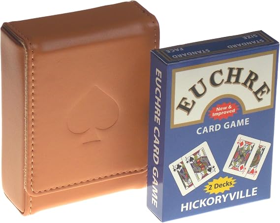 Hickoryville Euchre Playing Cards - 2 Euchre Decks in 1 Box Bundled with Tan Leather Storage Case