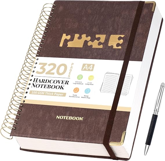 CAGIE Spiral Notebook Journal 8.5''x 11'' for Work, School | 320 Pages, College Ruled, 100 gsm Paper, A4 Large Journal, Spiral Bound Journals, Brown