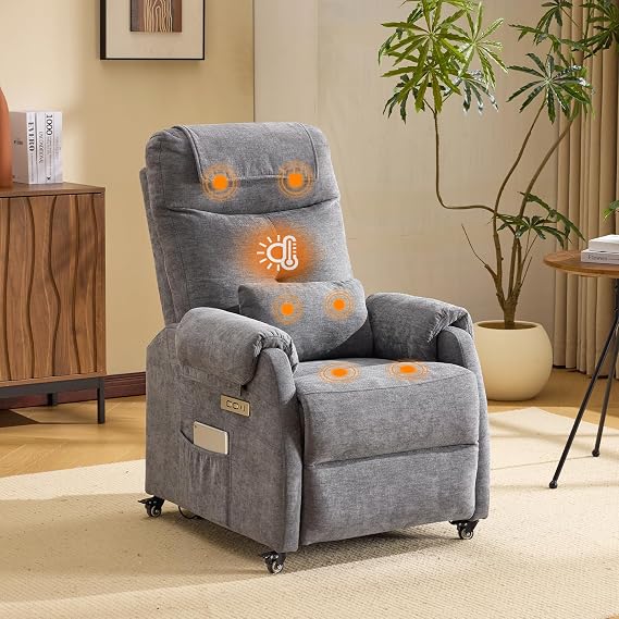 Bonnlo Electric Reclining Chair, Recliner with Heat, Chenille Dark Grey | Reclining Chair With Massage & Heat, Armrests, High Back, Lockable Casters, Remote Control, For Bedroom And Living Room