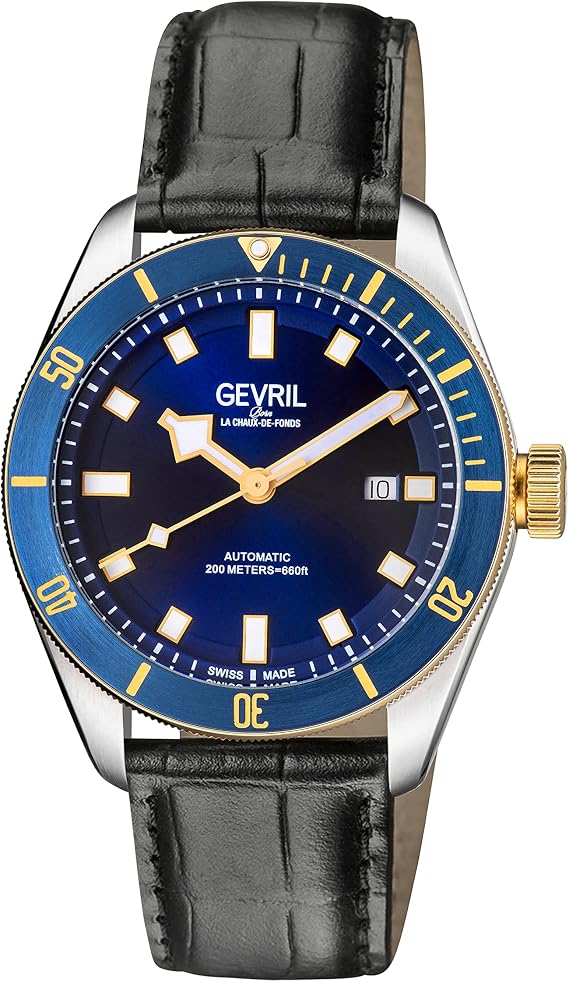 Gevril 48604-3 Men's Yorkville Swiss Automatic Watch, Genuine Leather Italian Black Strap with Tang Buckle