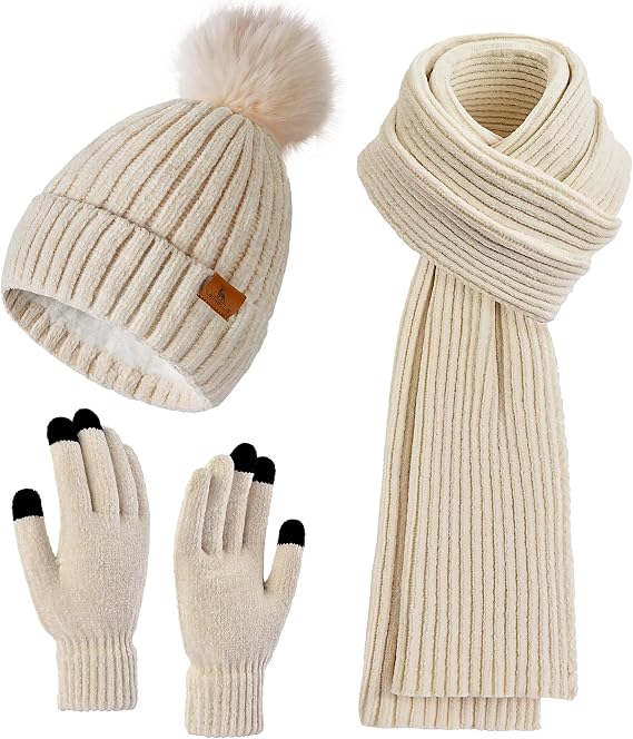 LackBlue Womens Winter Beanie Hat Scarf Touchscreen Gloves Set Knit Warm Skull Caps Long Neck Scarves for Women Men