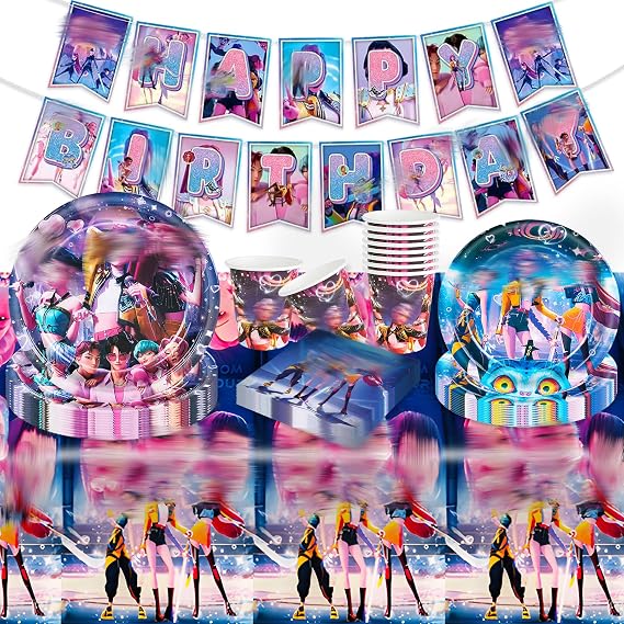 Wirhaut 52Pieces Demon Birthday Decorations, Party Tableware Decoration, Includes Banner Paper Plates Napkin Cups Tablecloth Party Supplies for Fans Boys Girls