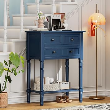 Narrow Console Table, Slim Sofa Table with Three Storage Drawers and Bottom Shelf (Navy + Solid Wood+MDF)