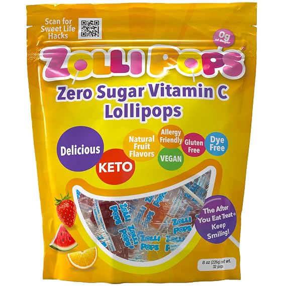 Zollipops Vitamin C Clean Teeth Pops Sugar Free Candy, Dye-Free Lollipops - Keto & Diabetic-Friendly, Dentist-Approved Treats for Kids (Assorted Fruit Flavors, 8 oz)