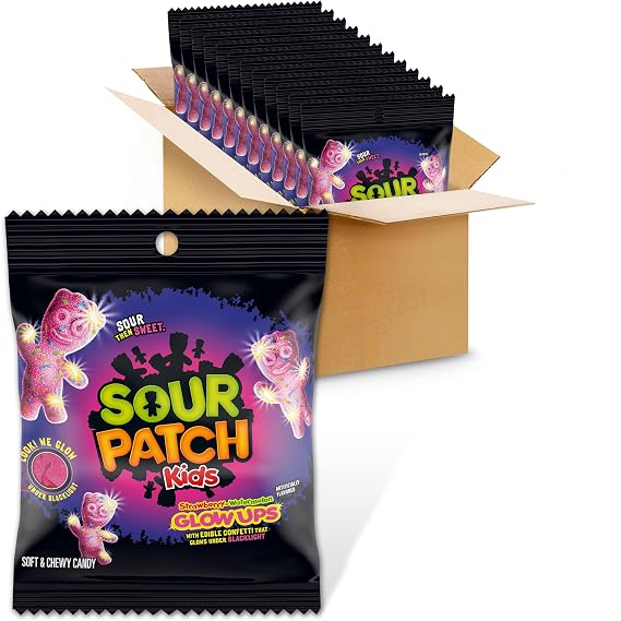 SOUR PATCH KIDS Glow Ups Strawberry-Watermelon Soft & Chewy Gummy Candy, Bulk Candy, 12 - 3.08 oz Bags