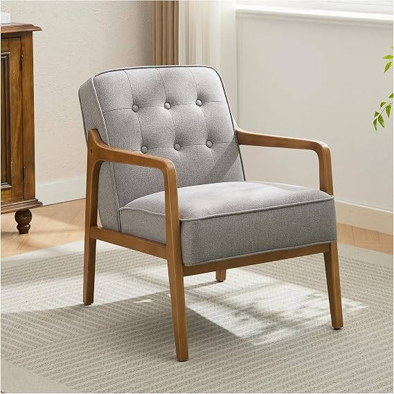 SOFTHION Linen Mid Century Modern Chair with Solid Wood Frame, Grey | Upholstered Tufted Leisure Chair Reading Side Chair with Armrest, 105Ergonomic Comfort for Living Room, Bedroom & Balcony