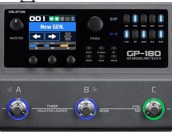 Valeton GP-180 Guitar Multi Effects Processor HD NAM Modeling Pedal 200+ Effects IR Loader 6-in/4-out USB Audio Interface Bluetooth MIDI 180s Looper 3 Footswitches Built-in 3000mAh Battery Black
