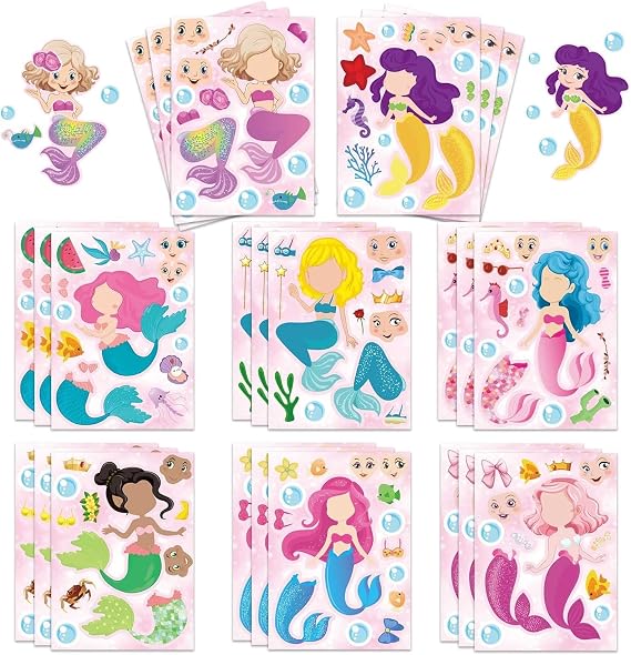 24 Sheets Cartoon Make a Face Stickers, Make Your Own DIY Stickers for Kids, Art Crafts Suitable for Birthday Party Supplies Gifts (Mermaid)