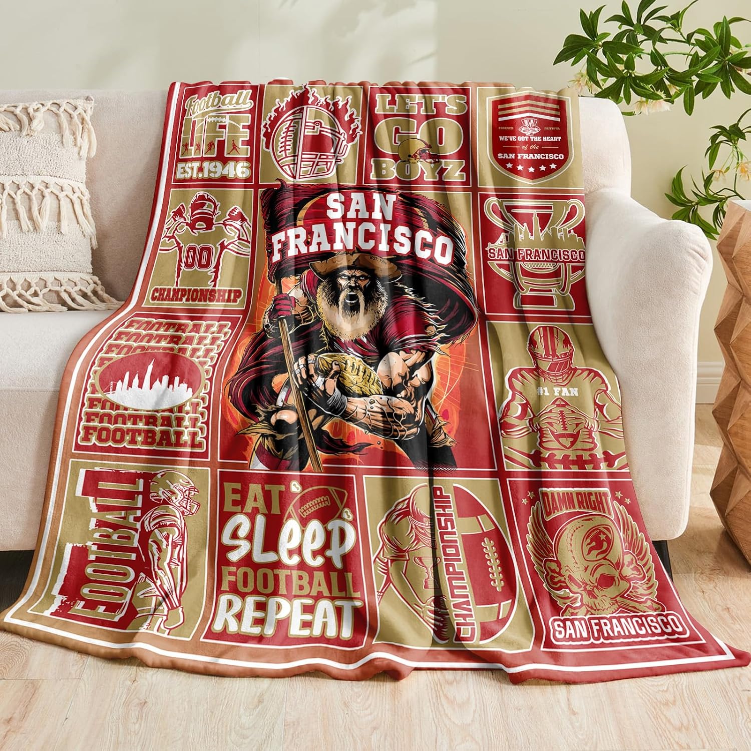 Football Fans Gifts for Men Women, Gifts for San Francisco Fans, Sport Football Style Throw Blanket Red Team Color Team for Sofa Bed Couch 60x50"