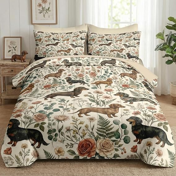 King Comforter Set with Sheets, 7 Pieces Dachshund Floral Bedding
