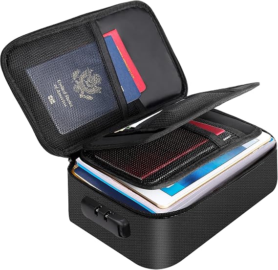 ENGPOW Small Fireproof Storage Organizer Case with Lock(9x 5.3x 3.7), 3-Layer Soft Money Safe Coin Organizer Wallet Bag for Cash,Card,Passport,Check,Bill,Travel Home Organizer Carrying Case,Black