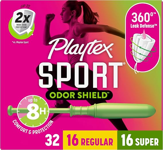 Playtex Sport Odor Shield Tampons Multipack (16ct Regular/16ct Super), Unscented - 32ct | Tampons Regular and Super, Playtex Tampon Multipack, Feminine Care with 360 Leak Defense