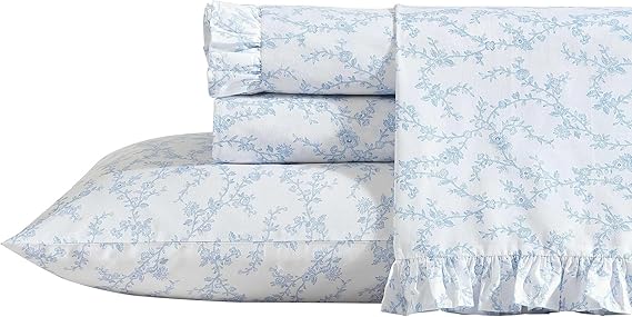 Laura Ashley - Full Size Sheet Set, Crisp Cotton Percale Bedding with Ruffle Pillowcases, Fully Elastic Deep Pocket Fitted Sheet, Floral Room Decor, Breathable All-Season Comfort (Victoria Blue)