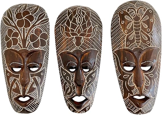 OMA Set of (3) Wooden Hand Crafted African Wall Sculptures Tribal Tiki Mask Wall Art For Home Decor And Gift Tribal Design (Fortune and Peace)