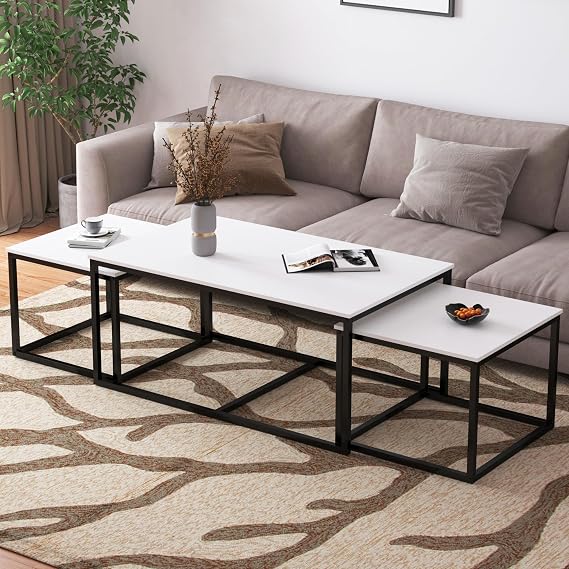 Nesting Coffee Tables,3 Piece Living Room Coffee Table,Industrial Rectangular Coffee Table Set,End Table Side Tables for Living Room Bedroom(White)