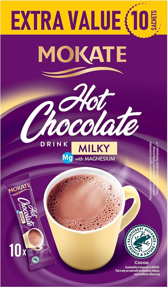Mokate Instant Hot Chocolate Drink Milky Magnesium 10Sachet, Fat Free hot Chocolate, only 40 Calories