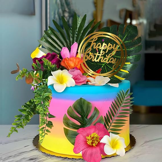 BANBALLON Flamingo Cake Toppers Summer Cake Decorations with Flowers Palm Leaf Boho Grass Cake Toppers for Tropical Hawaiian Beach Luau Themed Party Supplies