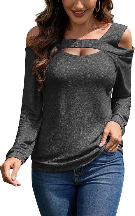 Womens Cold Shoulder Tops V Neck Long Sleeve T-Shirts Off Shoulder Tunic Top Basic Tees Casual Blouse