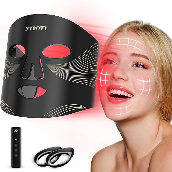 NVBOTY LED Face Mask Light Therapy, 4 Modes Portable Red Light Therapy for Face, 2000mAh Rechargeable Remote, Blue, Orange, 850NM Infrared & Red Light Mask, 400 LEDs, Timing Function, at Home & Travel